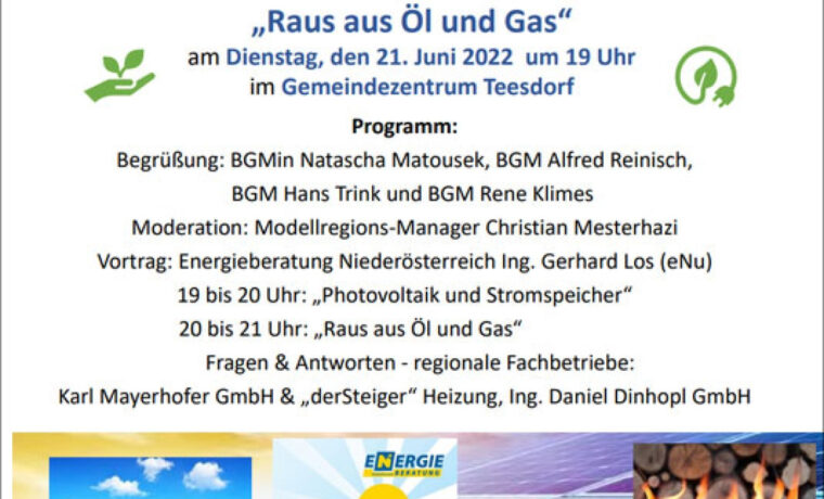 Juni 2022: Einladung zum Info-Abend „Photovoltaik und Stromspeicher“ & „Raus aus Öl und Gas“ in Teesdorf
