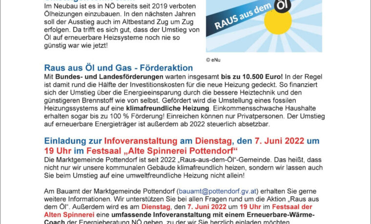 Juni 2022: Einladung zum Info-Abend „Raus aus Öl und Gas“ in Pottendorf
