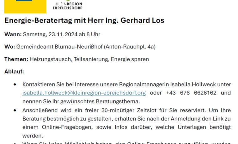 November 2024: Jetzt anmelden zum Energie-Beratertag am 23.11. in Blumau-Neurisshof!