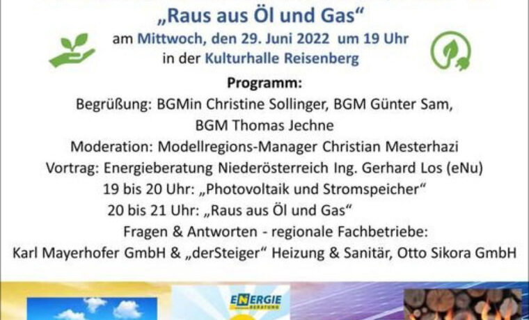 Juni 2022: Einladung zum Info-Abend „Photovoltaik und Stromspeicher“ & „Raus aus Öl und Gas“ in Reisenberg