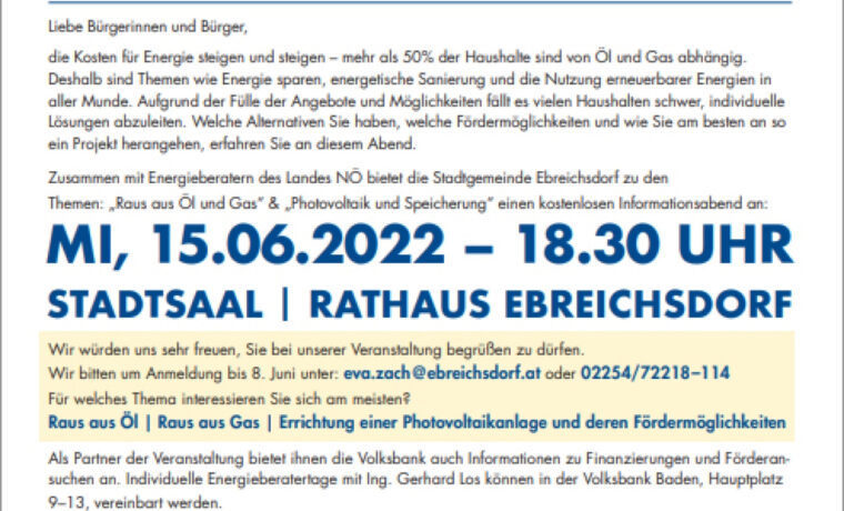 Juni 2022: Einladung zum Energieberatungsabend Ebreichsdorf