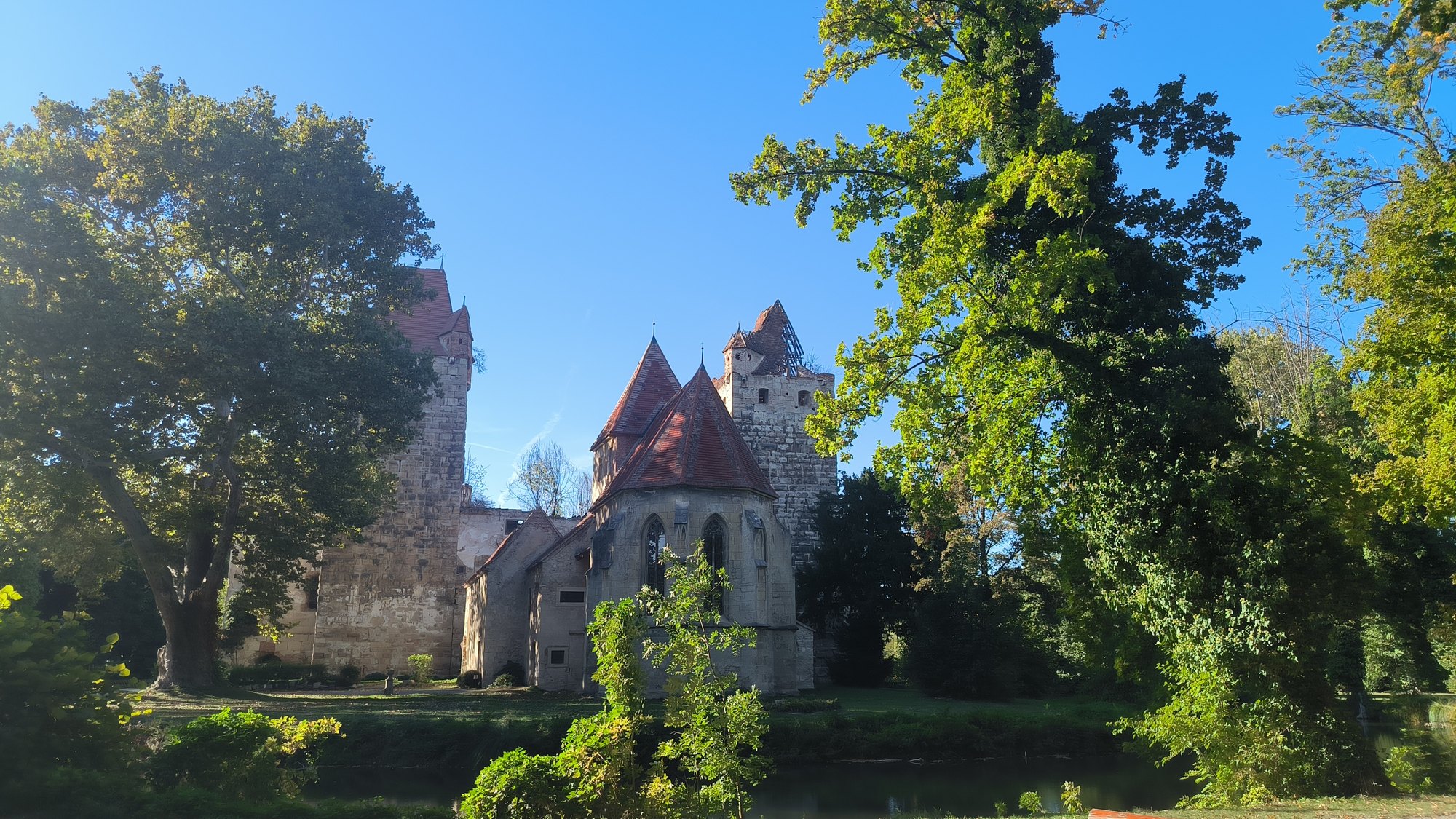 Historisches Schloss hinter Bäumen im Sonnenlicht