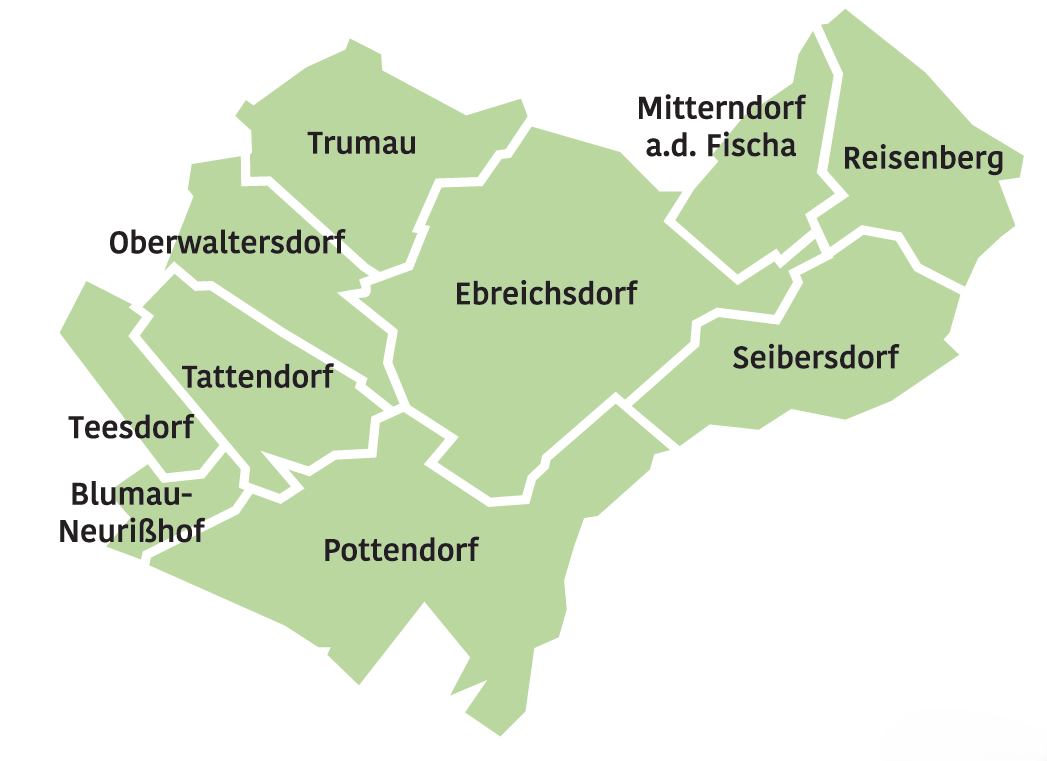 Übersichtskarte der zehn Gemeinden: Blumau-Neurißhof, Ebreichsdorf, Mitterndorf an der Fischa, Oberwaltersdorf, Pottendorf, Reisenberg, Seibersdorf, Tattendorf, Teesdorf und Trumau